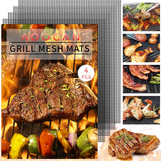 Aoocan Mesh Grill Mat Set of 4 Heavy Duty Non-Stick Mesh Grilling Mats & Barbecue Accessories - Reusable and Easy to Clean - Works on Gas, Charcoal or Electric Grill and More 15.4 X 12 Inch