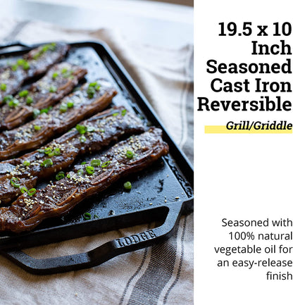 Chef Collection Cast Iron Reversible Grill/Griddle - Cast Iron Flat Griddle & Grill for Stovetop, Oven, Grill, or Open Fire - Double Burner Cast Iron Skillet with Handles