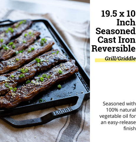 Image of Chef Collection Cast Iron Reversible Grill/Griddle - Cast Iron Flat Griddle & Grill for Stovetop, Oven, Grill, or Open Fire - Double Burner Cast Iron Skillet with Handles