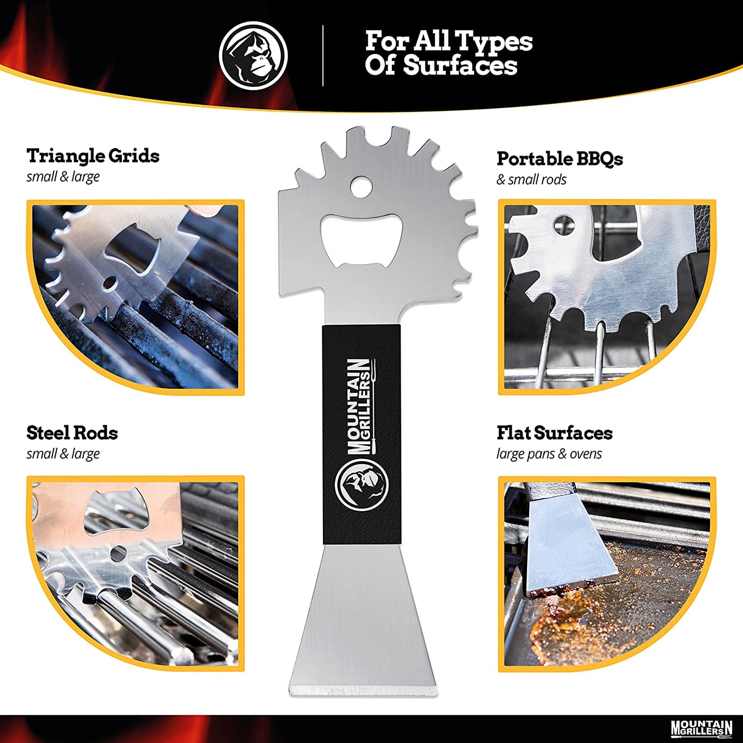 Mountain Grillers BBQ Grill Grate Scraper Wide Portable Grill Scrubber Fits Almost Any Grill, Griddle, Smoke Oven Grate Compact Non Slip Stainless Steel Grill Cleaner Tool with Built-In Bottle Opener