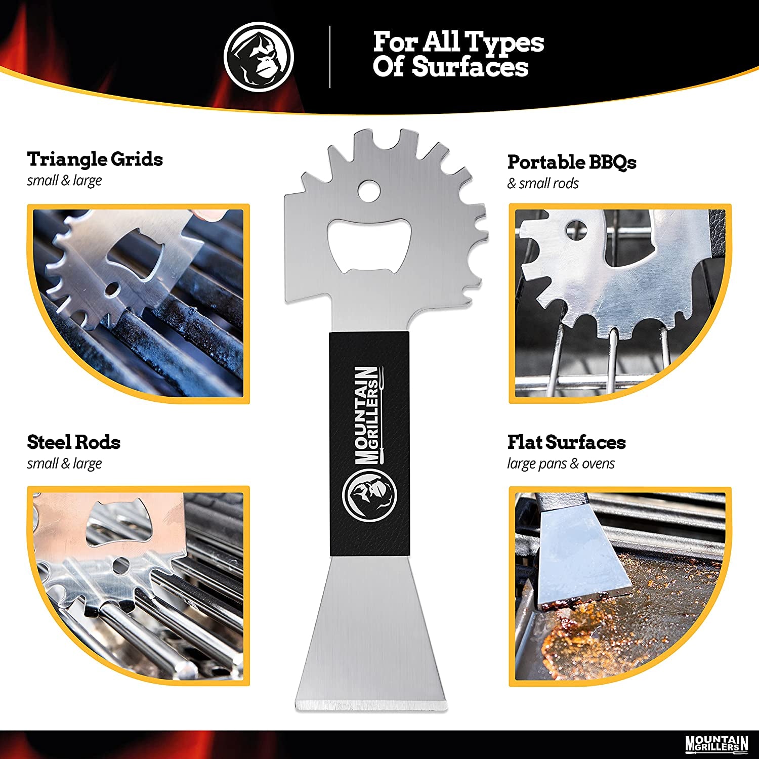 Mountain Grillers BBQ Grill Grate Scraper Wide Portable Grill Scrubber Fits Almost Any Grill, Griddle, Smoke Oven Grate Compact Non Slip Stainless Steel Grill Cleaner Tool with Built-In Bottle Opener