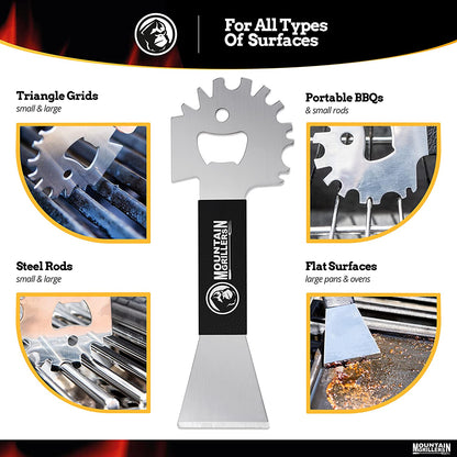 Mountain Grillers BBQ Grill Grate Scraper Wide Portable Grill Scrubber Fits Almost Any Grill, Griddle, Smoke Oven Grate Compact Non Slip Stainless Steel Grill Cleaner Tool with Built-In Bottle Opener