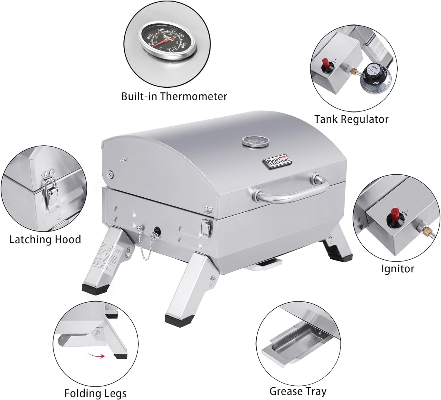 GT1001 Stainless Steel Portable Grill, 10000 BTU BBQ Tabletop Gas Grill with Folding Legs and Lockable Lid, Outdoor Camping, Deck and Tailgating, Silver