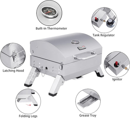 GT1001 Stainless Steel Portable Grill, 10000 BTU BBQ Tabletop Gas Grill with Folding Legs and Lockable Lid, Outdoor Camping, Deck and Tailgating, Silver