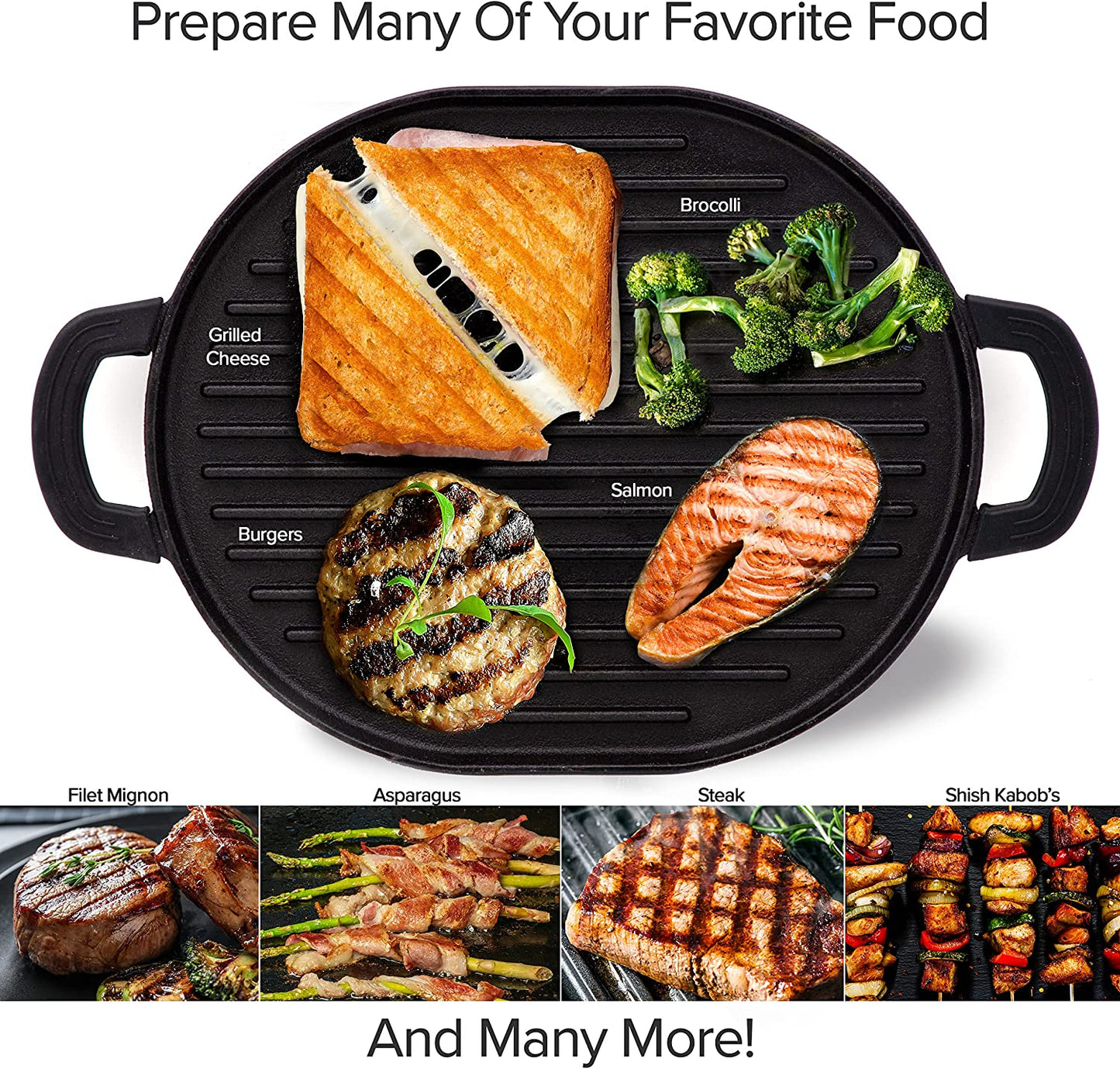 Cast Iron Grill, 12.42”X10.21” Non-Stick Grilling Surface, Deep Grill Ridges, Pre-Seasoned, Stay-Cool Silicone Handles, Easy-To-Clean, Oven Safe, Stovetop, BBQ, Fire & Smoker, Induction-Ready