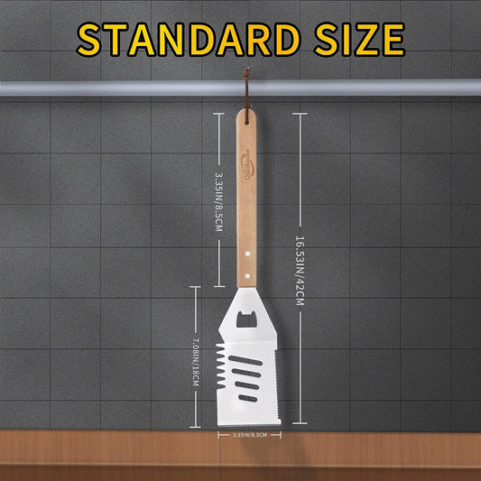 Qinshaine 4-In-1 BBQ Spatula, Multifunction Grill Spatula with Wooden Handle, Perfect for BBQ Grills and Kebabs for Camping Picnics