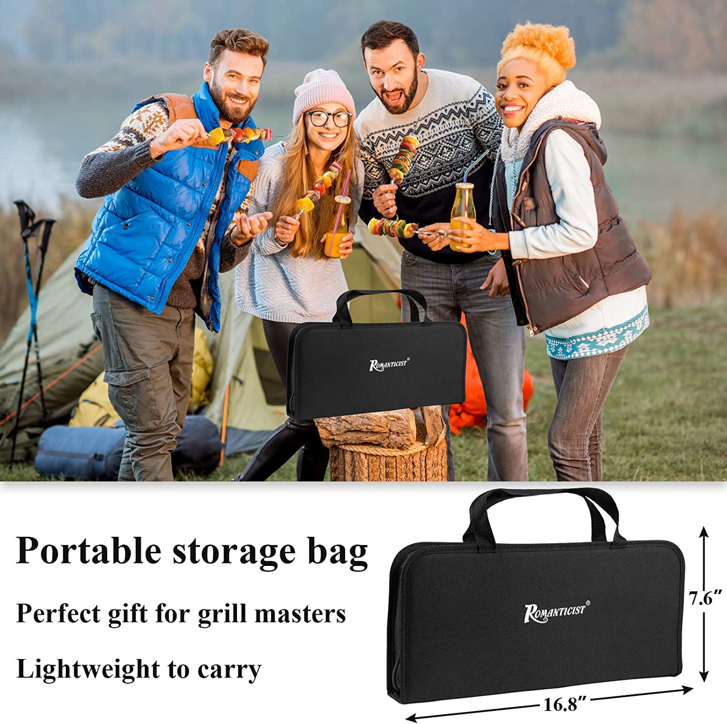 ROMANTICIST 27Pcs Heavy Duty BBQ Tools Gift Set for Men Dad, Extra Thick Stainless Steel Grill Utensils with Meat Claws, Grilling Accessories Kit in Portable Carrying Bag for Camping, Backyard Brown