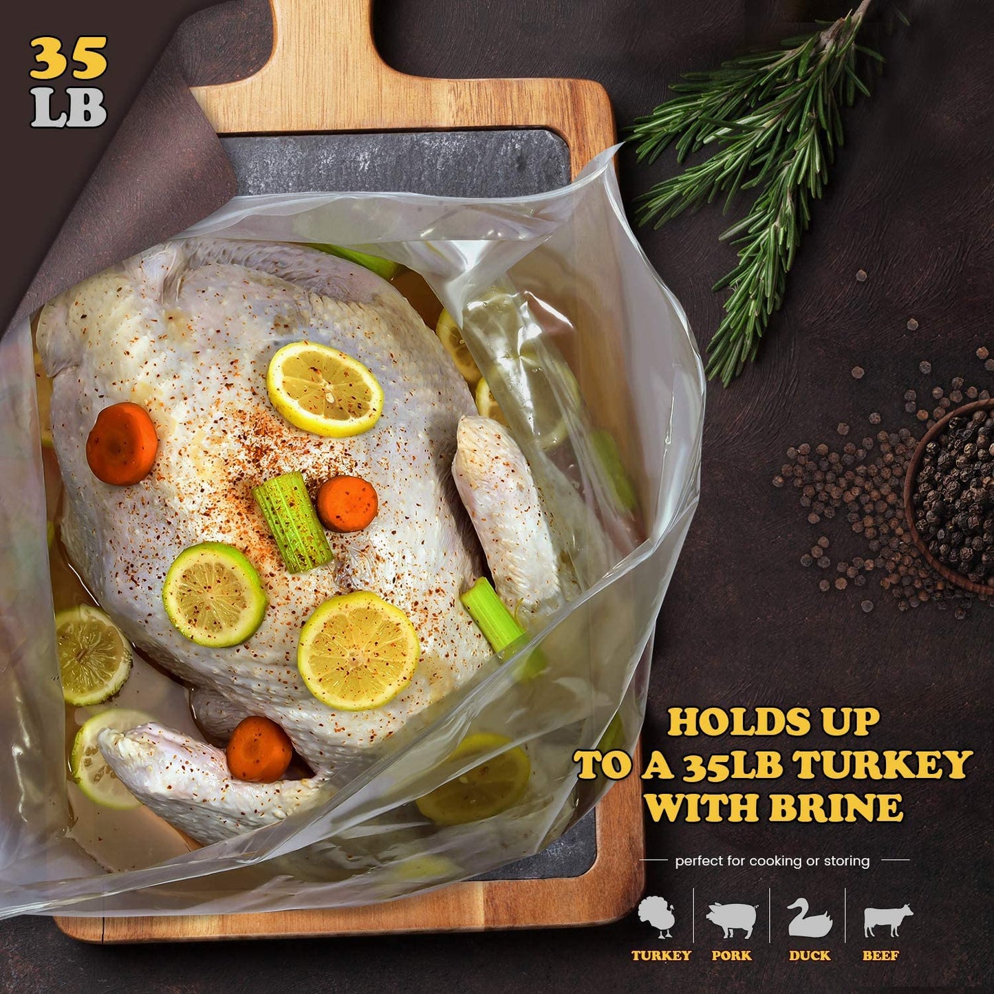 Turkey Brining Bag, 26"×22", 2 Pack, Extra Large Brine Bag with 2 Strings and 2 Larger Clips, Thickened Brining Bag Holds up to 35 Pounds, Double Zippers Seal Brine Bags for Turkey, Chicken, Beef,Pork