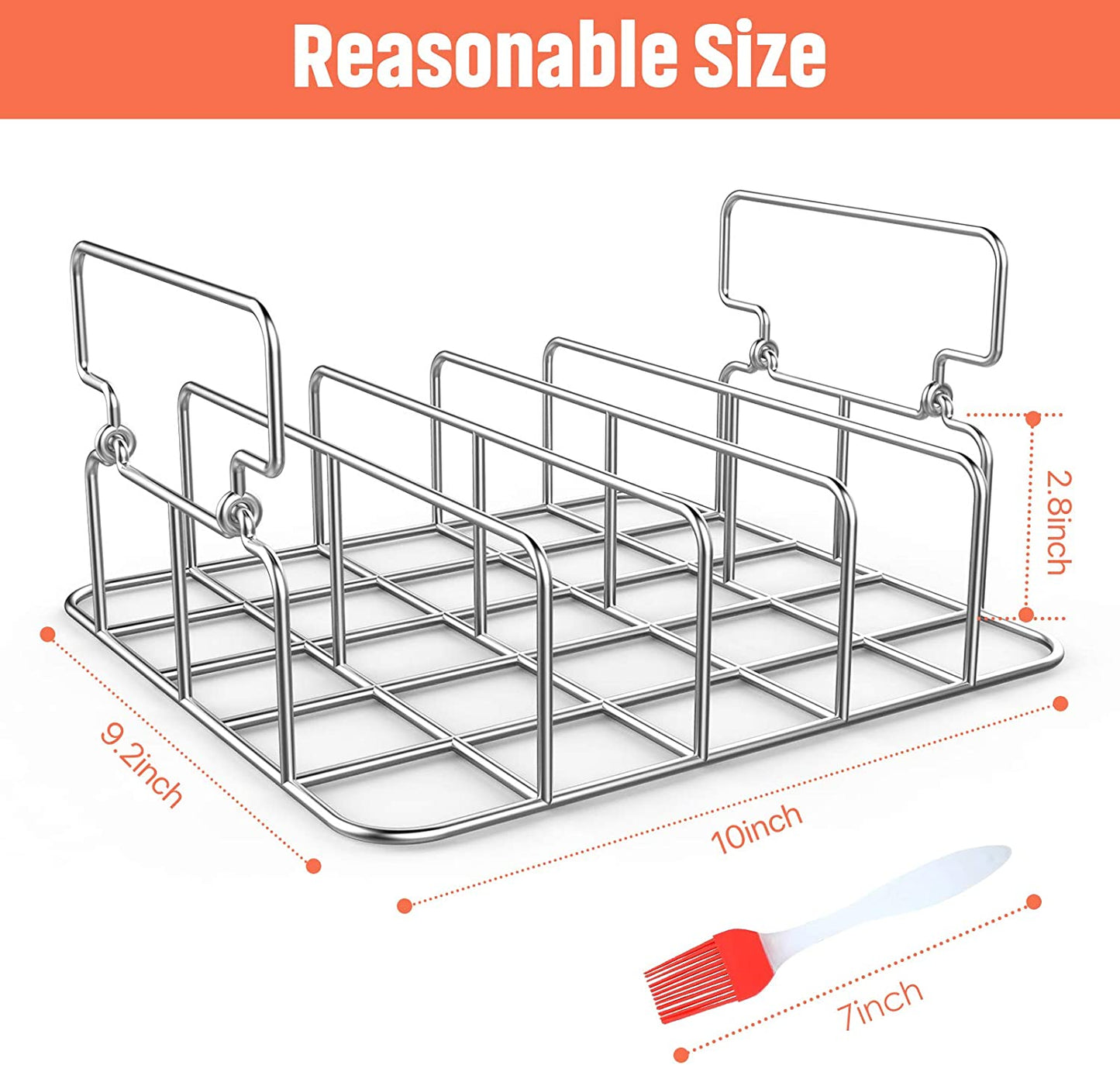 Durable Stainless Steel Rib Rack with a Silicone Oil Brush, BBQ Stand with 2 Handle for Smoker,Oven and Grill, Cook up to 5 Ribs at a Time