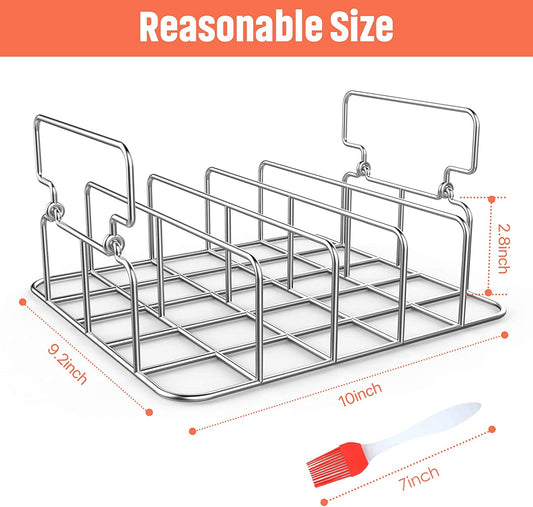 Durable Stainless Steel Rib Rack with a Silicone Oil Brush, BBQ Stand with 2 Handle for Smoker,Oven and Grill, Cook up to 5 Ribs at a Time