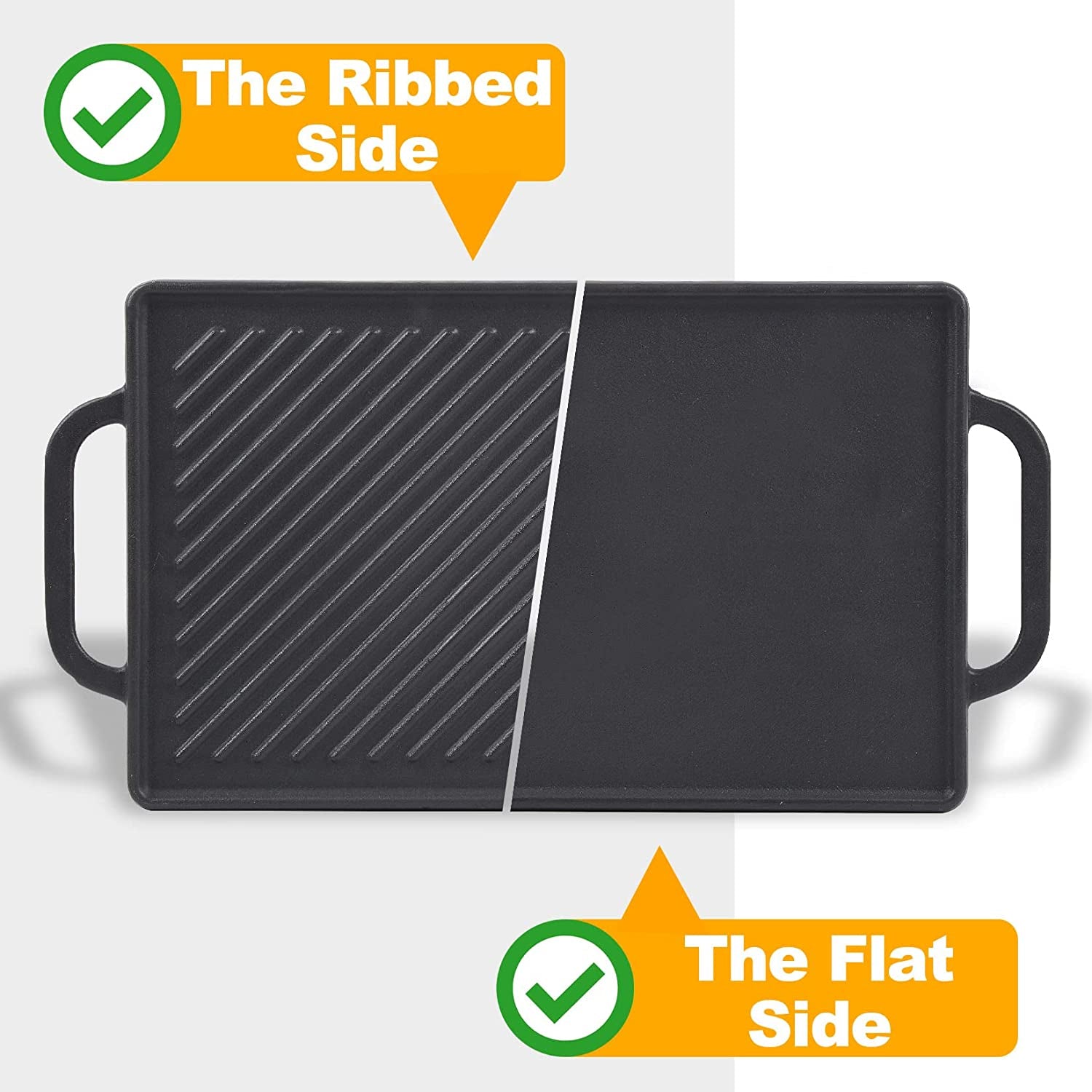 Cast Iron Reversible Grill Griddle，Double Sided Grill Pan Perfect for Gas Grills and Stove Tops, 13 X 8.25 Rectangular Baking Flat and Ribbed Griddle Plate