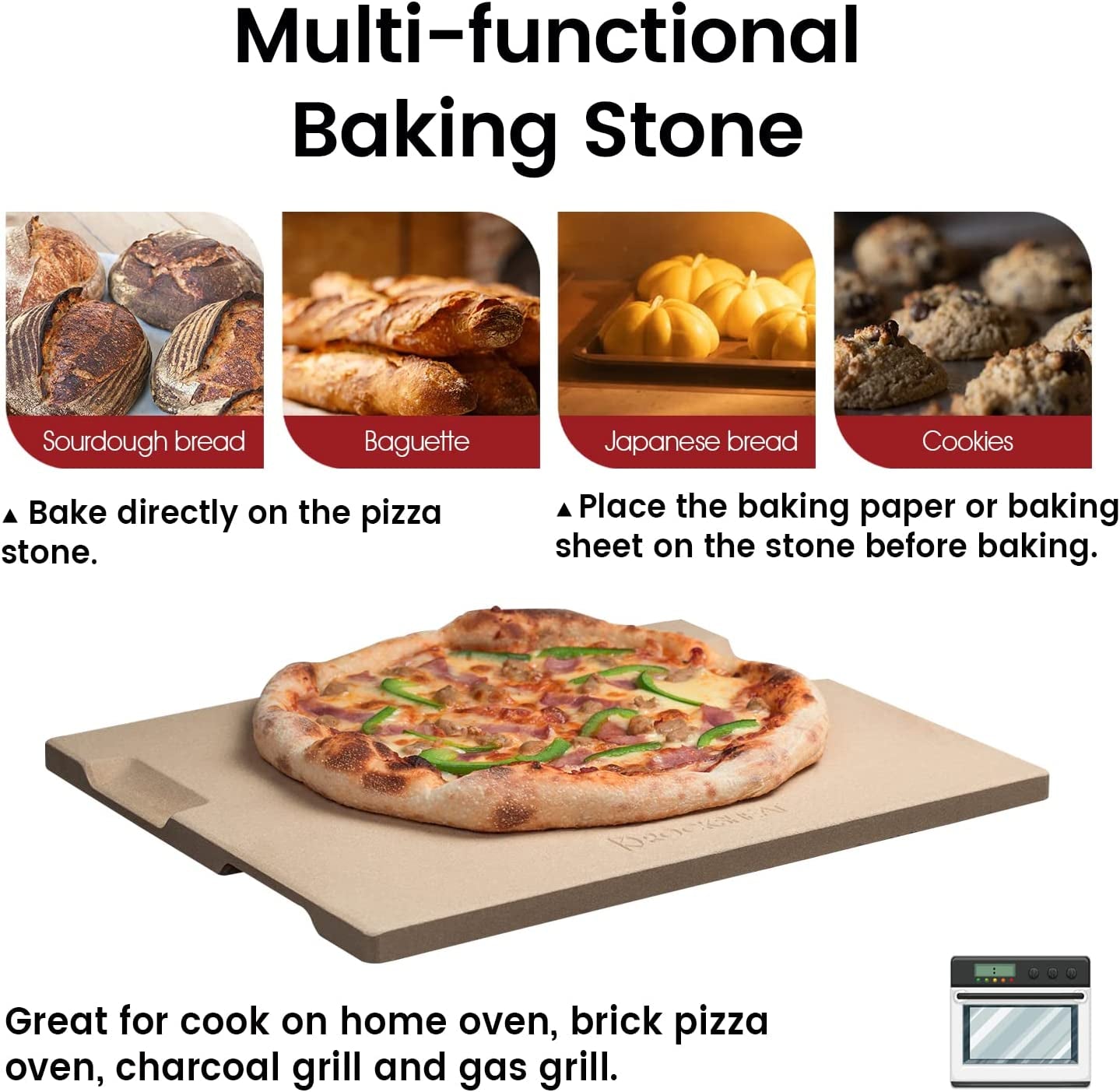 Pizza Stone 12In X 15In Rectangular Baking & Grilling Stone, Perfect for Oven, BBQ and Grill. Innovative Double - Faced Built - in 4 Handles Design