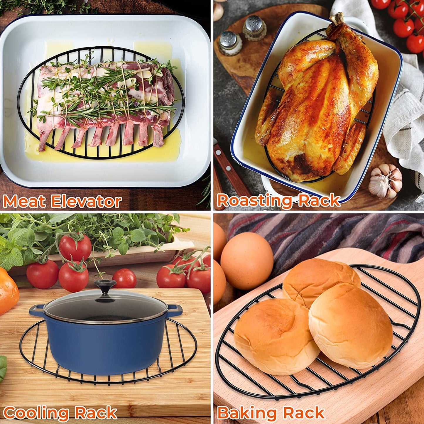 Oval Roasting Rack with Integrated Feet, Non-Stick Coating, Baking Rack Easy to Clean for Cooking, Roasting, Drying, Grilling 12×8.5 Inches Black