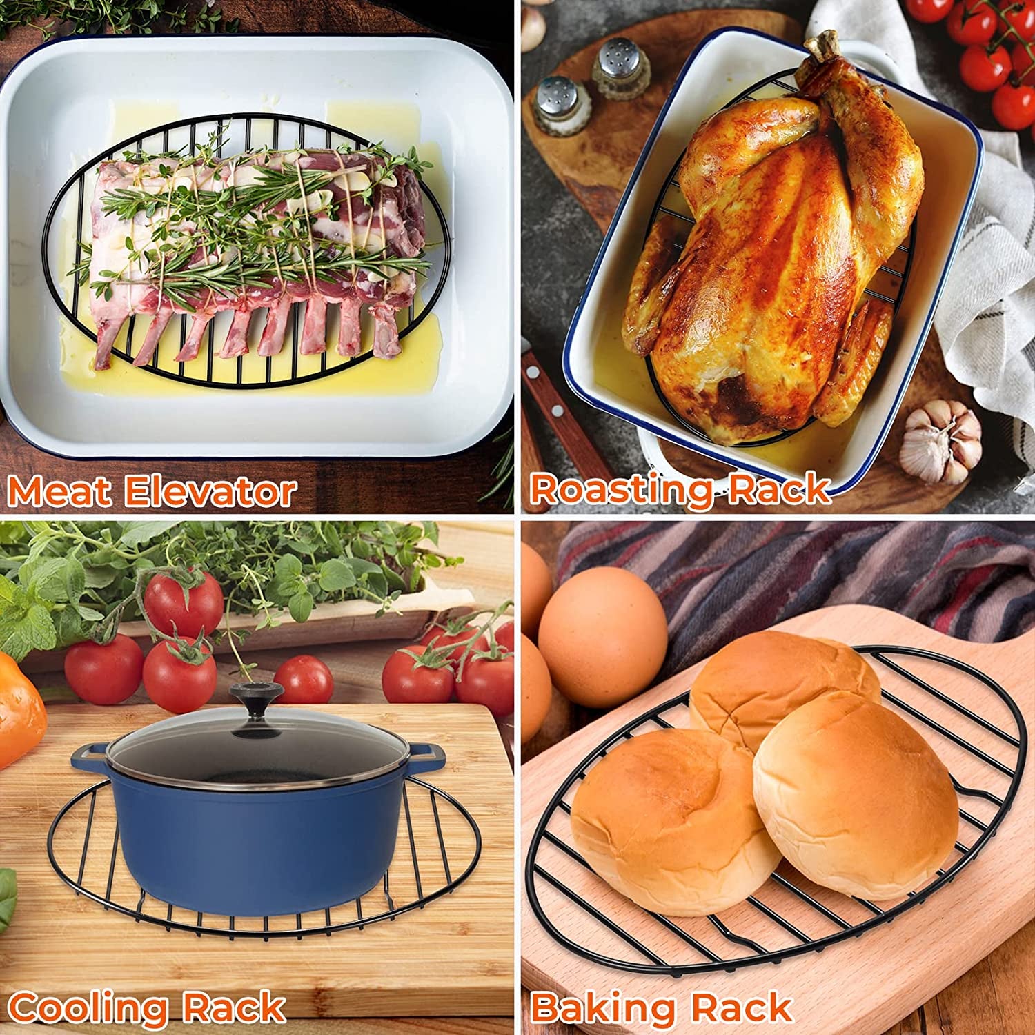 Oval Roasting Rack with Integrated Feet, Non-Stick Coating, Baking Rack Easy to Clean for Cooking, Roasting, Drying, Grilling 12×8.5 Inches Black