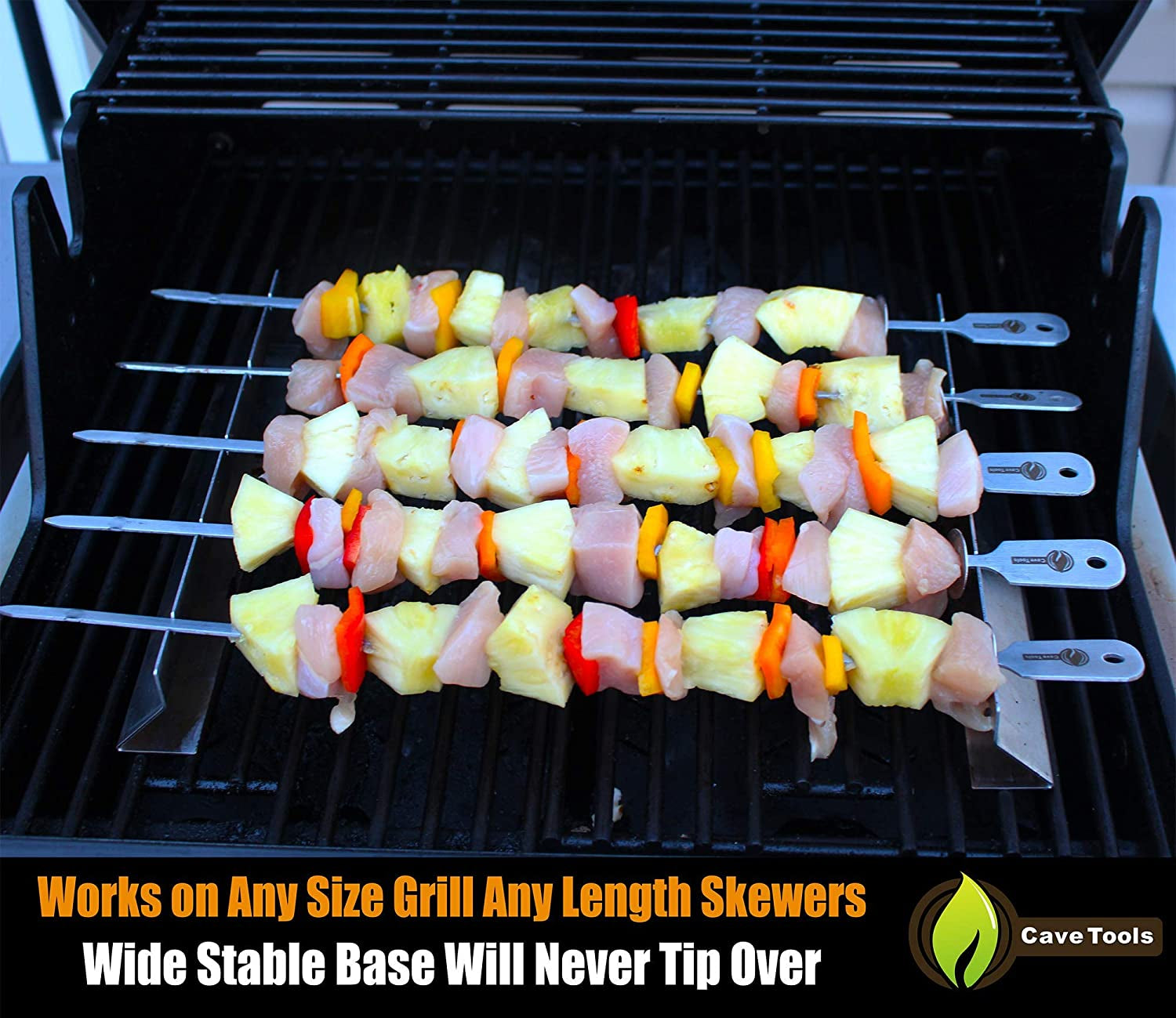 Cave Tools Kebob Rack for Shish Kebab Skewers - Stainless Steel Build Compatible with Wood, Round, Metal, Flat or Bamboo Skewers - BBQ Grilling Accessories