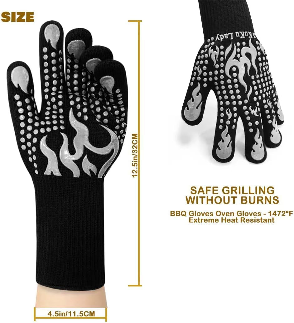 BBQ Heat Resistant Gloves, 1472 Degree F Cut-Resistant Grill Gloves for Heat Resistant Cooking, Outdoor Grill, Barbecue, Oven, Cooking, Kitchen and Baking -