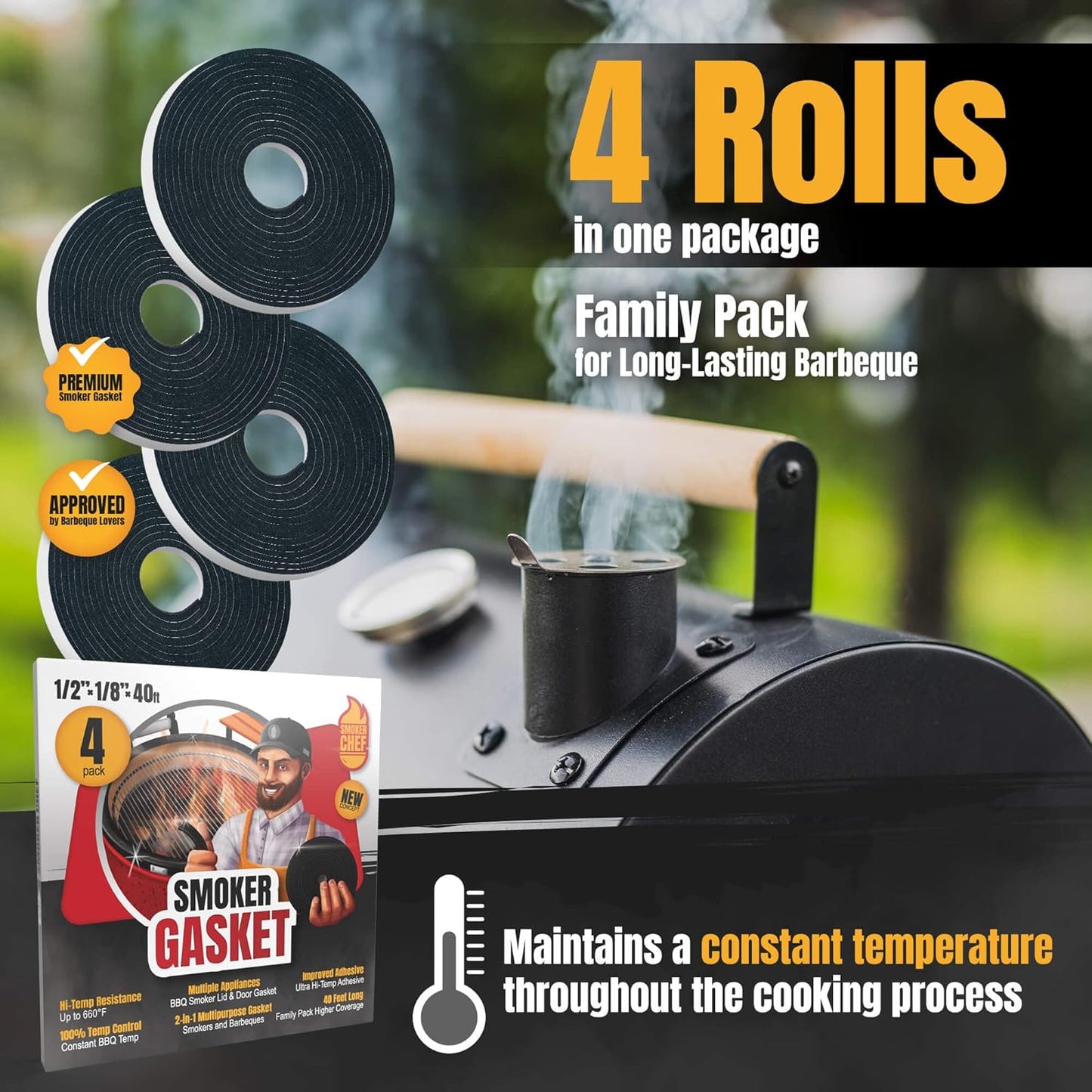 Smoker Chef XXL 40 FT Grill Gasket for Smokers - Black 1/2’’ X 1/8’’ Hi Temp Seal Smoker Gasket – 4-Pack X 10 FT Self Stick Black Nomex Fire Tape BBQ Lid – Bbq Grill Smoker Accessories Gifts for Men