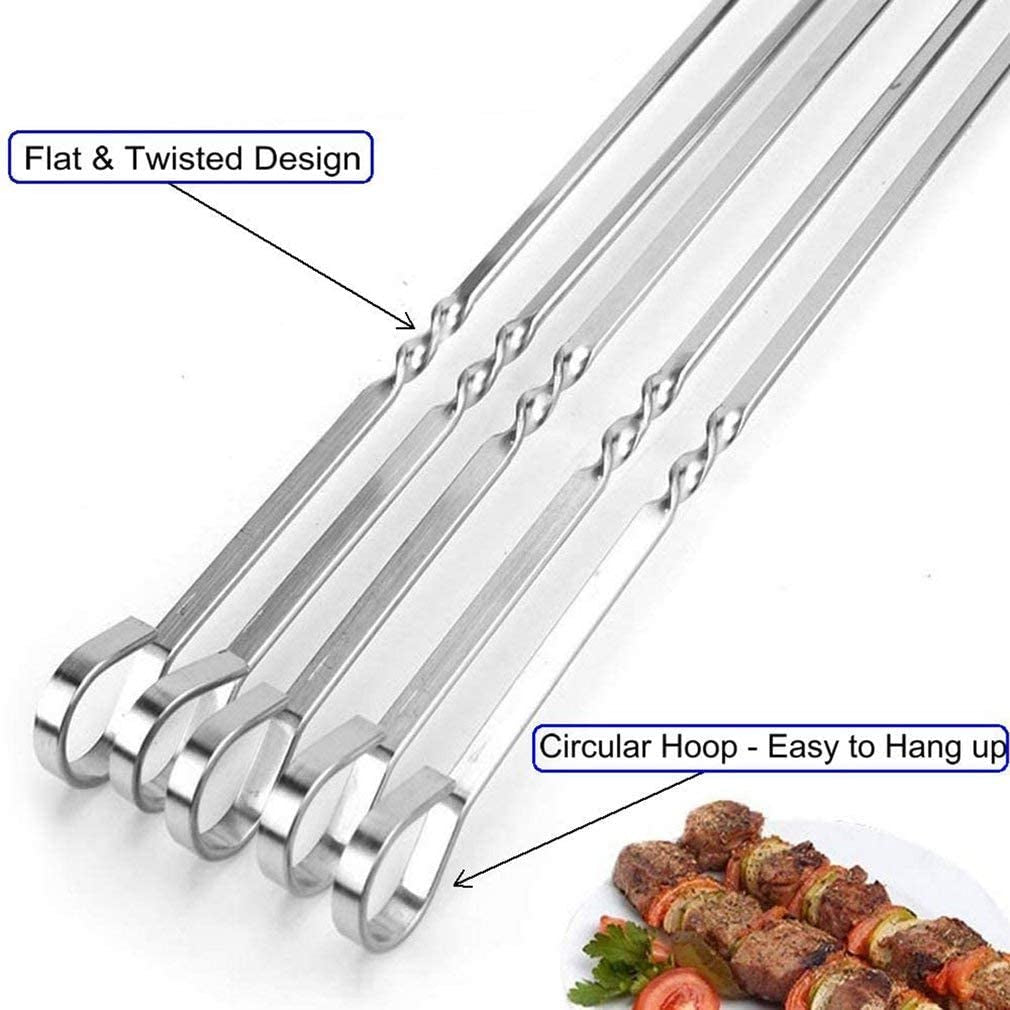 JOMVERL 12PCS Kabob Skewers Flat Metal BBQ Barbecue Skewer 14" Long Stainless Steel Shish Kebob Sticks Wide Reusable Grilling Skewers Set for Meat Shrimp Chicken Vegetable, 12 Pack