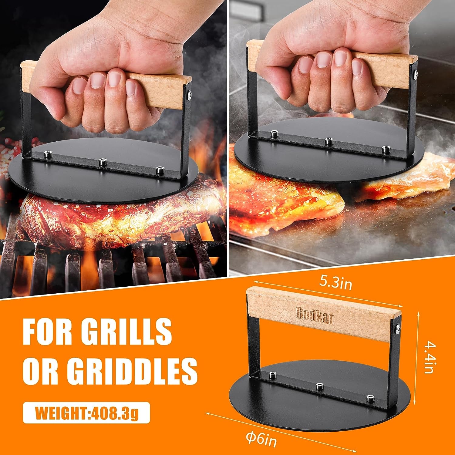 Bodkar Smash Burger Press 6 Inch, round Burger Smasher Grill Press for Griddle Bacon Press Meat Steak Press with Wood Handle