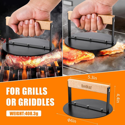 Bodkar Smash Burger Press 6 Inch, round Burger Smasher Grill Press for Griddle Bacon Press Meat Steak Press with Wood Handle