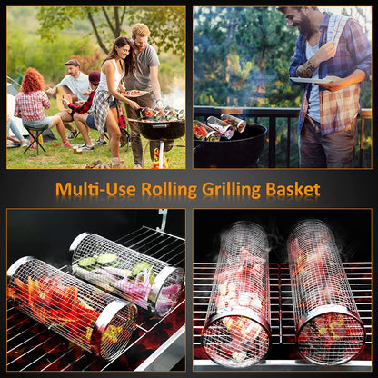 Grill Basket 2 PCS, BBQ Grill Basket, Rolling Grilling Basket, Stainless Steel Grill Mesh Barbeque Grill Accessories, Portable Grill Baskets for Outdoor Grill for Fish, Shrimp, Meat, Vegetables, Fries