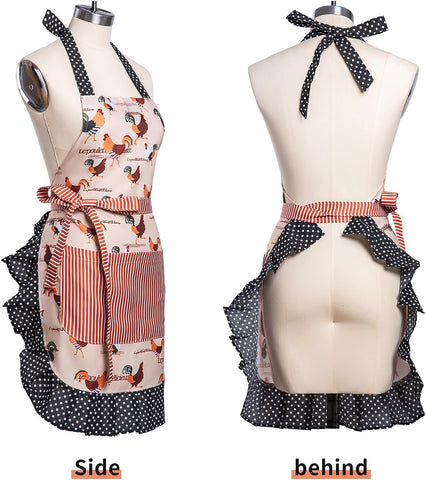 Image of Lovely Flower Pattern Retro Aprons with Large Pockets for Women Girls Cooking Kitchen Bakery Mother'S Gift