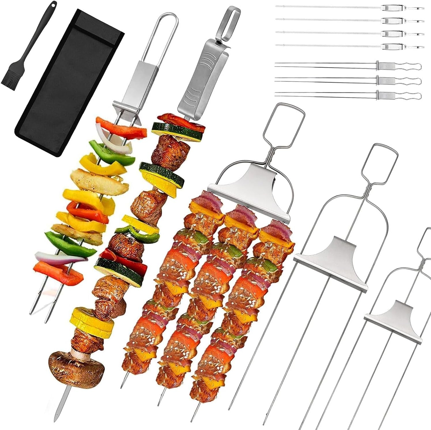 10PCS Kabob Skewers for Grilling,3,Double and Single Pronged Grilling Accessories,304 Stainless Steel Metal Skewers for Kabobs with Push Bar for Quick Release,With Storage Bag and Oil Brush