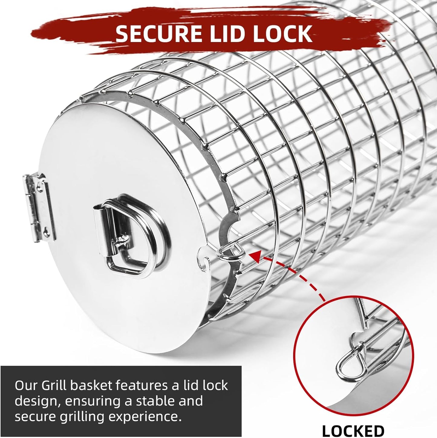 CEBERVICE Rolling Grilling Baskets, SUS304 Stainless Steel, REMOVABLE WOODEN HANDLE, Portable BBQ Outdoor Camping round Cylinder Grilling Rack for Fish, Vegetables, Shrimp, Barbeque Griller Cooking Accessories Gifts for Men, Dad, Father, Husband