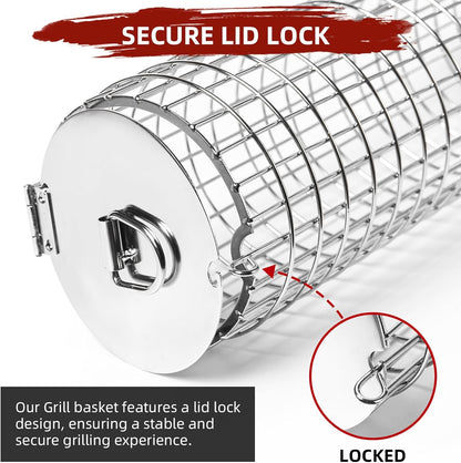 CEBERVICE Rolling Grilling Baskets, SUS304 Stainless Steel, REMOVABLE WOODEN HANDLE, Portable BBQ Outdoor Camping round Cylinder Grilling Rack for Fish, Vegetables, Shrimp, Barbeque Griller Cooking Accessories Gifts for Men, Dad, Father, Husband