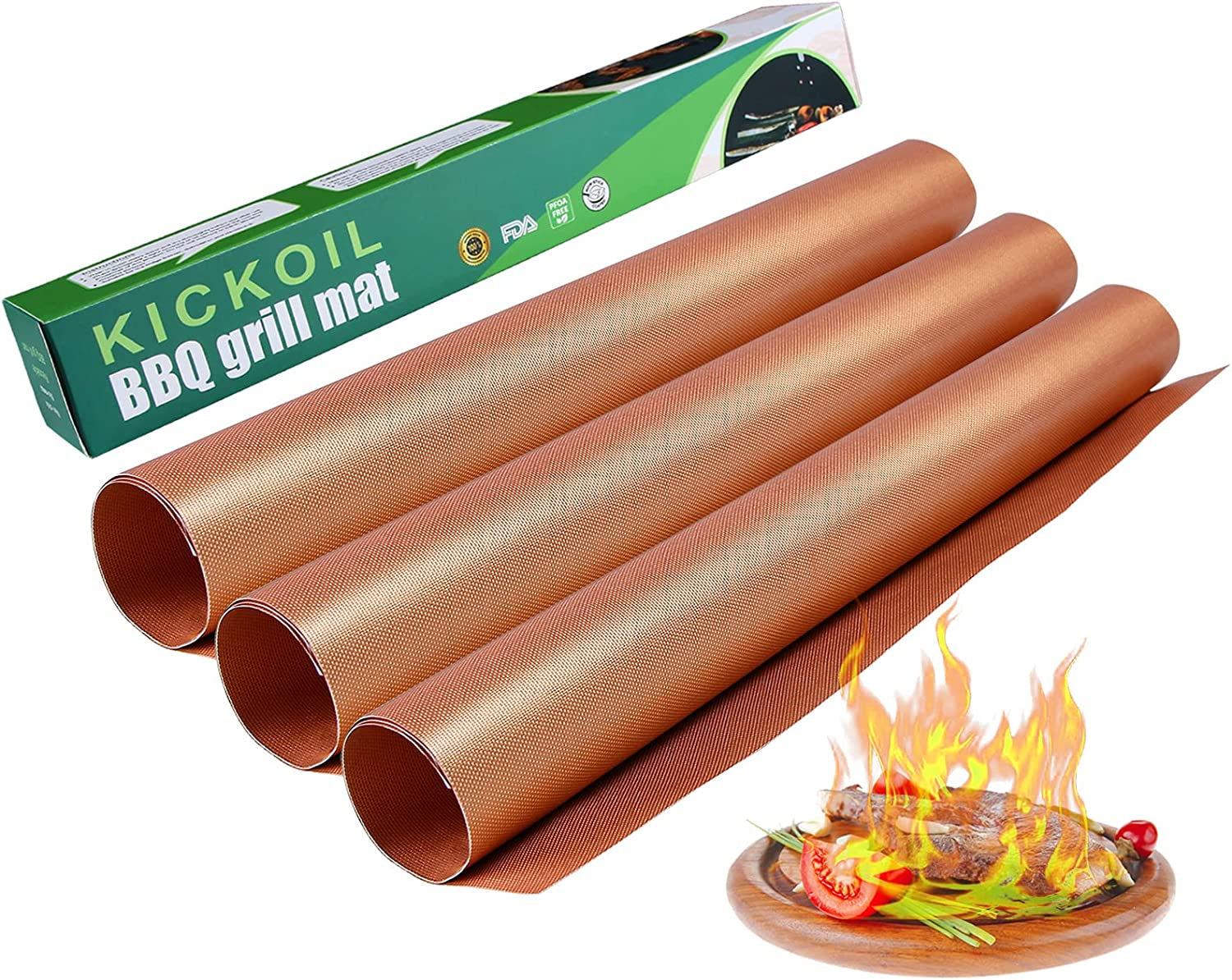 Grill Mats for Outdoor Grill BBQ Grill Mat Set of 3 Nonstick Copper Grill Mat Heavy Duty Reusable Barbecue Grill Sheets BBQ Accessories Grill Tools Works on Electric Grill Gas Charcoal RV Camping