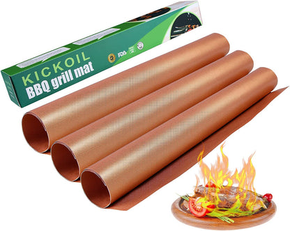 Grill Mats for Outdoor Grill BBQ Grill Mat Set of 3 Nonstick Copper Grill Mat Heavy Duty Reusable Barbecue Grill Sheets BBQ Accessories Grill Tools Works on Electric Grill Gas Charcoal RV Camping