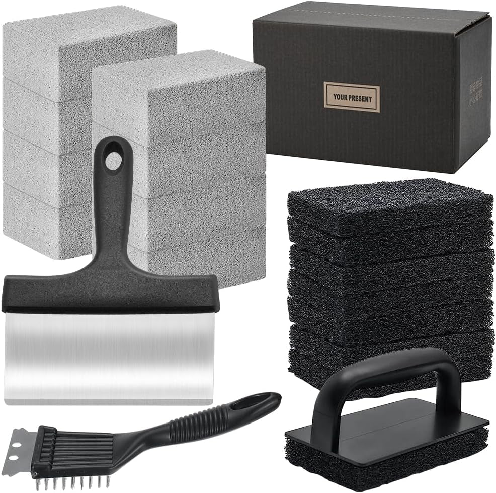 18Pcs Griddle Cleaning Kit for Blackstone, Heavy Duty Flat Top Grill Cleaning Kit, Include Handle, Cleaning Bricks, Scrubber Brush, Scouring Pads, Griddle Grill Scraper, Blackstone Cleaner for Griddle