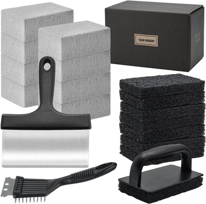 18Pcs Griddle Cleaning Kit for Blackstone, Heavy Duty Flat Top Grill Cleaning Kit, Include Handle, Cleaning Bricks, Scrubber Brush, Scouring Pads, Griddle Grill Scraper, Blackstone Cleaner for Griddle