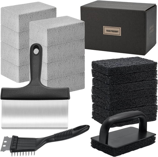 18Pcs Griddle Cleaning Kit for Blackstone, Heavy Duty Flat Top Grill Cleaning Kit, Include Handle, Cleaning Bricks, Scrubber Brush, Scouring Pads, Griddle Grill Scraper, Blackstone Cleaner for Griddle