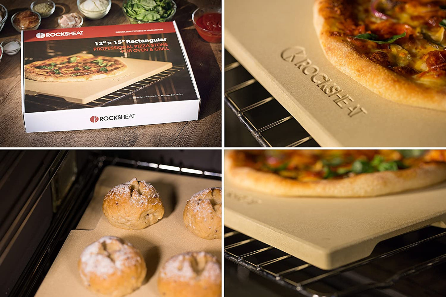 Pizza Stone 12In X 15In Rectangular Baking & Grilling Stone, Perfect for Oven, BBQ and Grill. Innovative Double - Faced Built - in 4 Handles Design