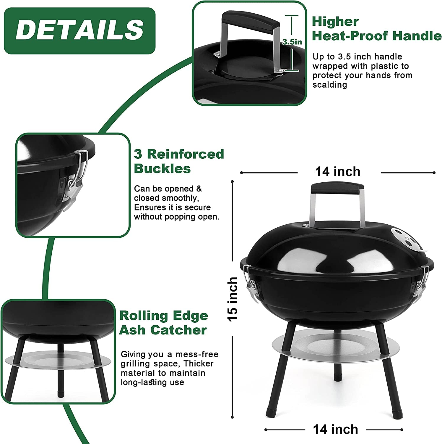 Joyfair Charcoal Grill with 2 Grilling Racks, 14In Small Portable BBQ Grill with Lid for Outdoor Camping/Patio/Backyard Barbecue/Tabletop Cooking, Enamel Coated & Dual Vent System, Black
