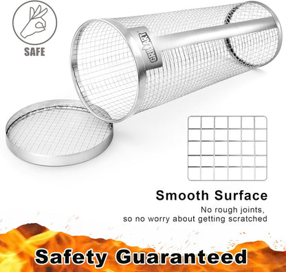 [Upgraded] Grill Basket 2 Pcs (Size XL), Dishwasher Safe Rolling Grilling Baskets for Outdoor Grilling, Stainless Steel BBQ Grill Basket for Veggies, Grill Nets Cylinder, Gifts for Men/Dad