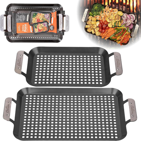 Image of BBQ Grill Topper Grilling Pans (Set of 2) - Non-Stick Barbecue Trays W Stainless Steel Handles - Indoor Outdoor Use for Meat, Vegetables & Seafood - Great for Thanksgiving Dinner - Grill Gift for Men