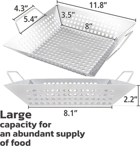 Grill Basket with Handle, Grilling Baskets for Outdoor Grilling, Grilling Basket Stainless Steel, Vegetable Grill Basket, Grilling Accessories for Veggies, Shrimps and Seafood, Set of 2