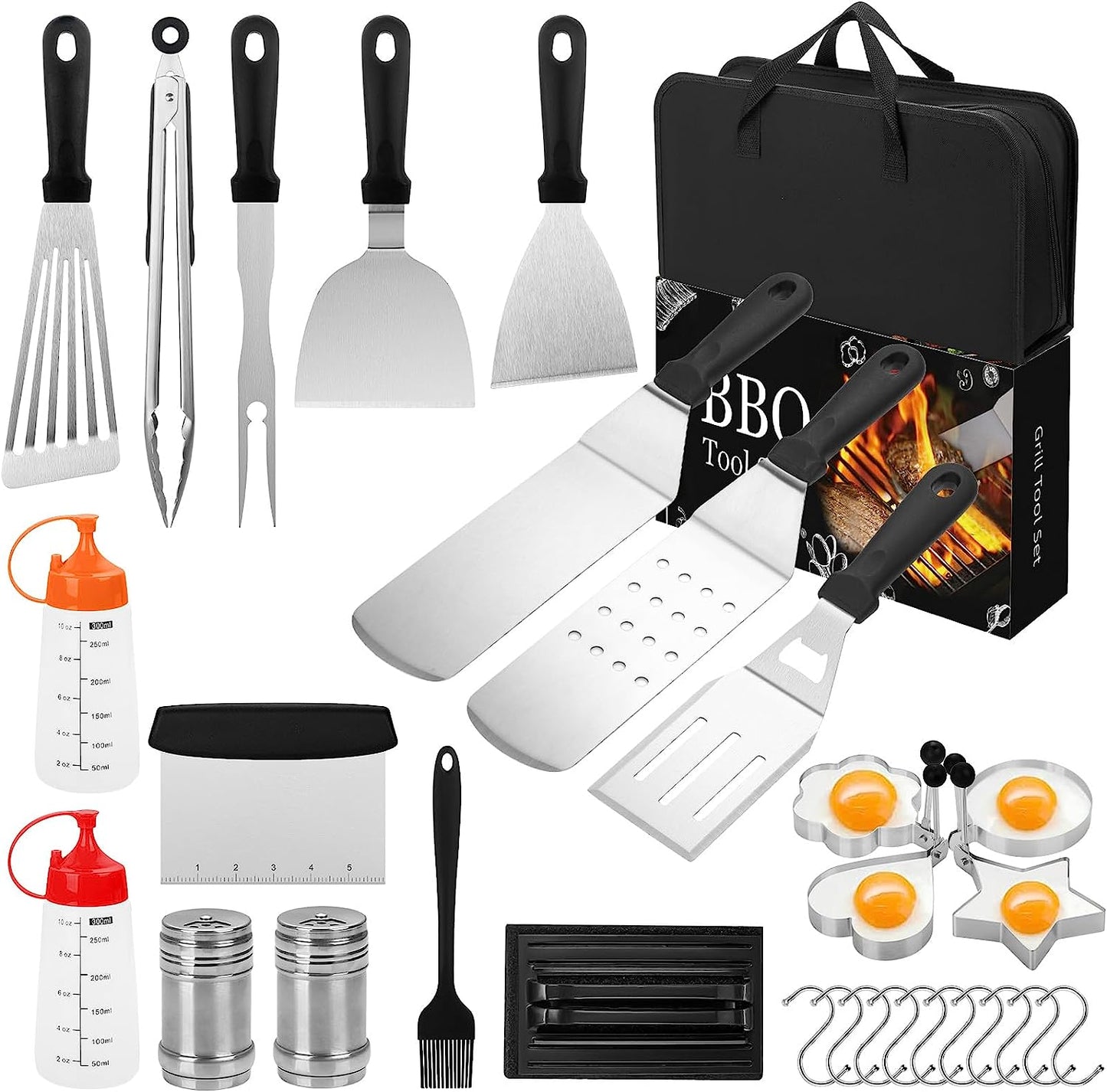 Griddle Accessories Kit, 30PCS Flat Top Grill Accessories Kit for Blackstone and Camp Chef, Stainless Steel Griddle Grill Tools with Enlarged Spatulas, Scraper, Tongs, Carrying Bag for Outdoor BBQ