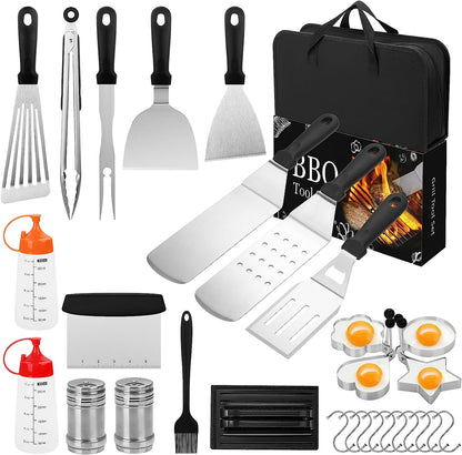 Griddle Accessories Kit, 30PCS Flat Top Grill Accessories Kit for Blackstone and Camp Chef, Stainless Steel Griddle Grill Tools with Enlarged Spatulas, Scraper, Tongs, Carrying Bag for Outdoor BBQ