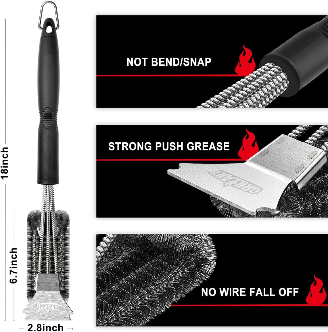 Grill Brush and Scraper, Extra Strong BBQ Cleaner Accessories, Safe Wire Bristles 18" Barbecue Triple Scrubbers Cleaning Brush for Gas/Charcoal Grilling Grates, Wizard Tool BR-8115