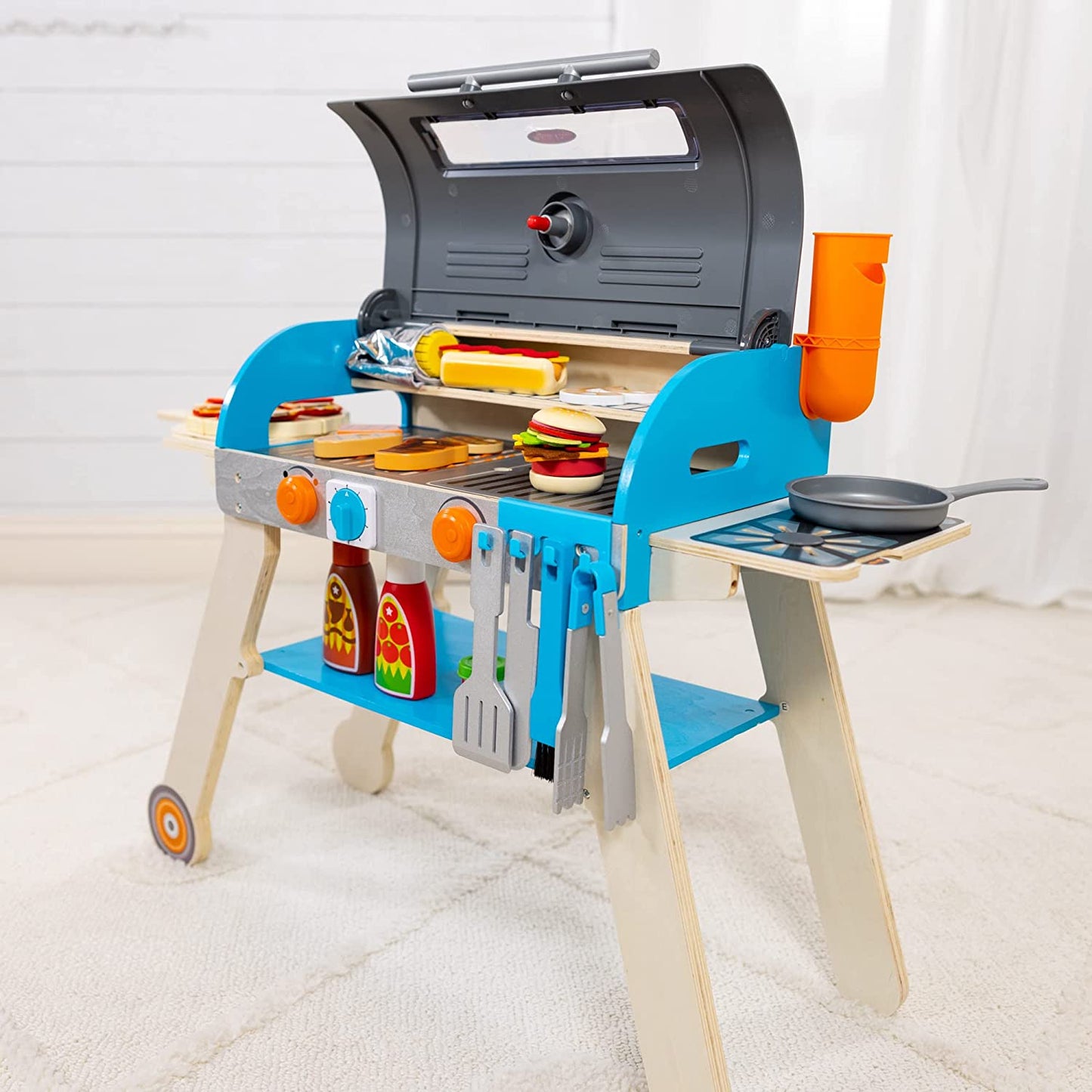 Melissa & Doug Wooden Deluxe Barbecue Grill, Smoker and Pizza Oven Play Food Toy for Pretend Play Cooking for Kids