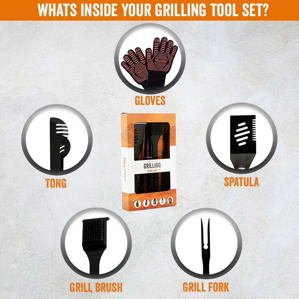 ™ Heavy Duty 5 Piece Grilling Tools Set, Durable Stainless Steel BBQ Accessories, Long Handle 3 in 1 Spatula, Tongs, Brush, Grill Fork, Thick Grilling Gloves, Gift Set