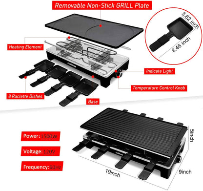 Raclette Grill Electric Grill Table Portable 2 in 1 Korean BBQ Grill Indoor & Cheese Raclette, Reversible Non-Stick Plate, Crepe Maker with Adjustable Temperature Control and 8 Paddles