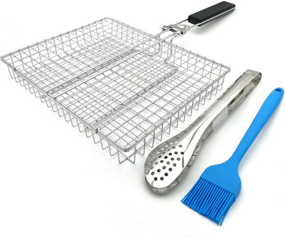 Large Capacity Barbeque Grill Basket with Brush BBQ Tong Deeper Grilling Rack Havy Duty Stainless Steel BBQ Accessories Set