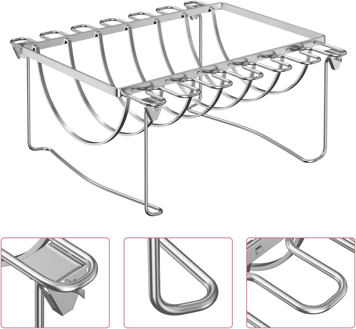 BMMXBI Foldable 3-In-1 Chicken Leg Rib Rack for Grill, Oven, Holds 12 Chicken Leg Wing, 6 Large Ribs, 1 Whole Chicken, Stainless Steel Rib Chicken Drumstick Roasting Racks Smoker Accessories