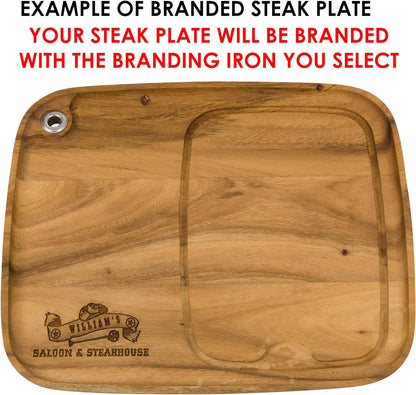 Western K Branding Iron for Steak, Buns, Wood & Leather | Includes Pine Gift Box & Wood Steak Plate