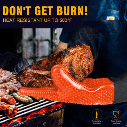 Grilling Gloves - Heat Resistant Silicone Oven Mitt, Premium Non-Slip Silicone Internal Protective Cotton Layer, Waterproof, Great for Grilling, Kitchen and Cooking (Orange)