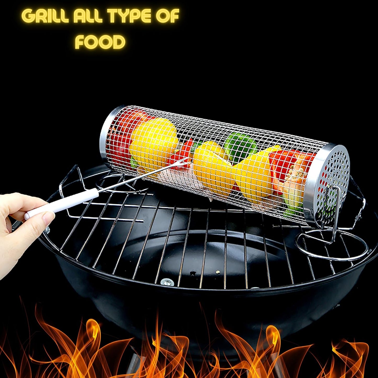 Rolling BBQ Grilling Basket for Outdoor | Versatile Stainless Steel Barbecue Grill | round Mesh Cylinder Accessories | Camping Rack for Cooking - 1 PCS